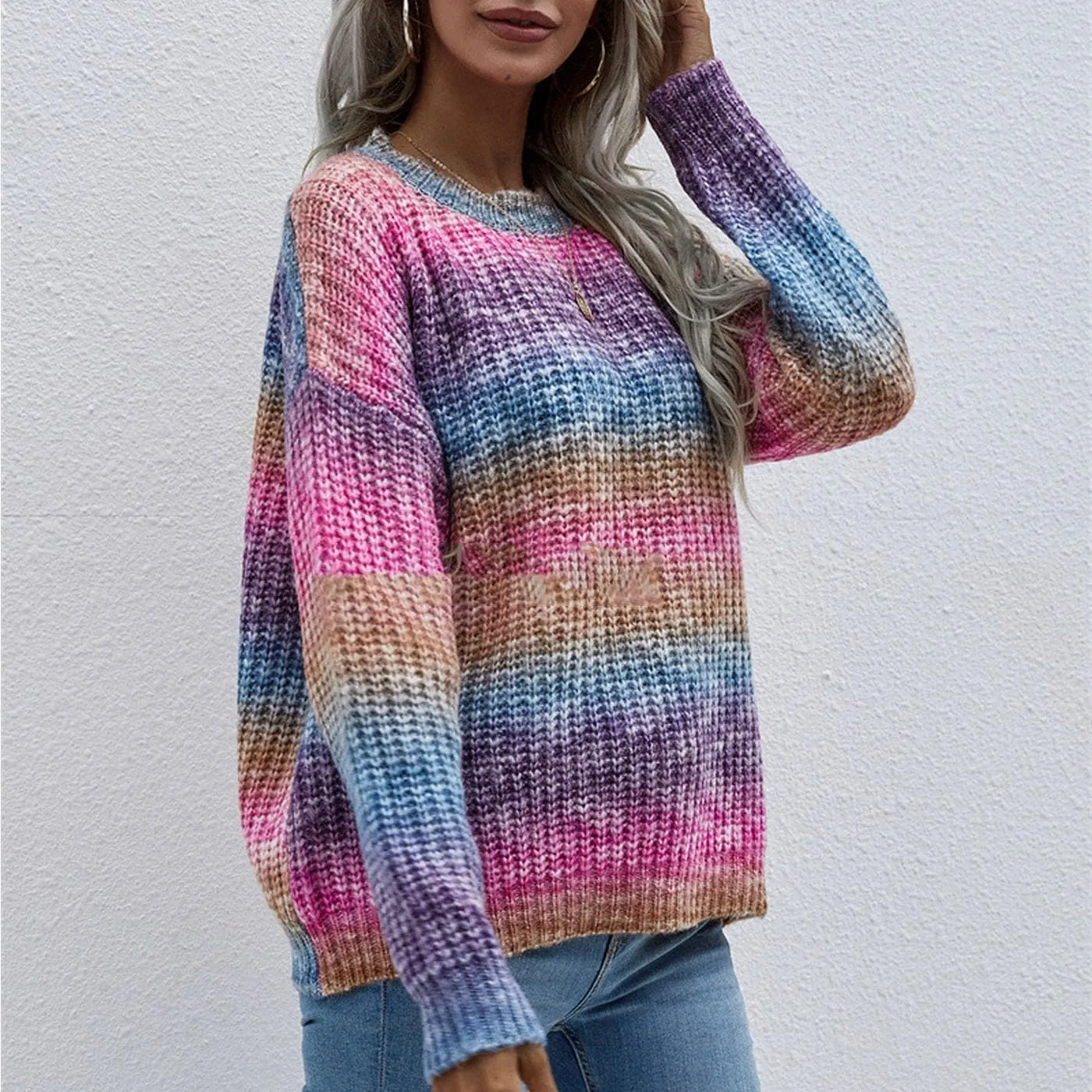 Women's Crew Neck Colorful Knitwear Long Sleeve Loose Tops Sweaters