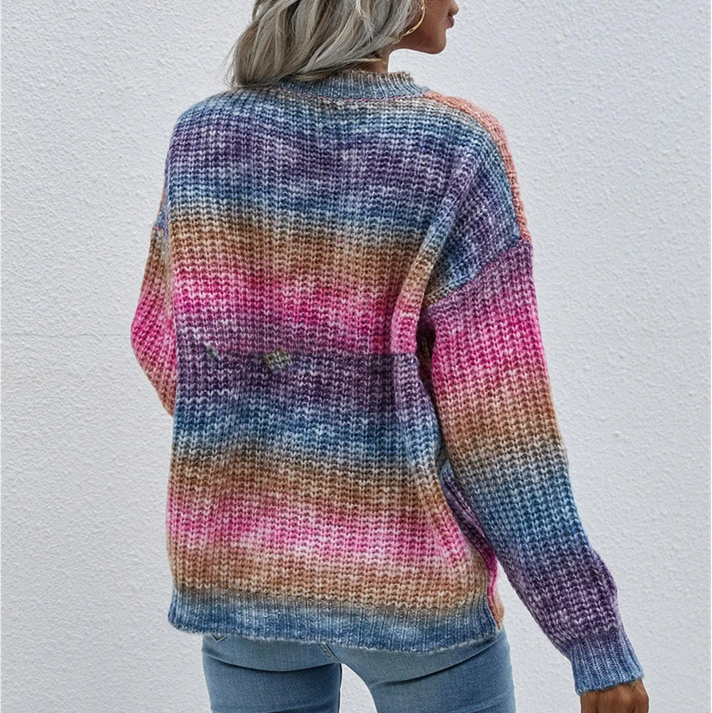 Women's Crew Neck Colorful Knitwear Long Sleeve Loose Tops Sweaters