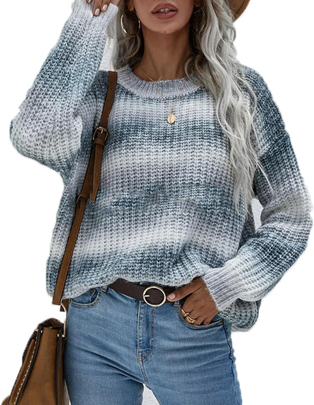 Women's Crew Neck Colorful Knitwear Long Sleeve Loose Tops Sweaters