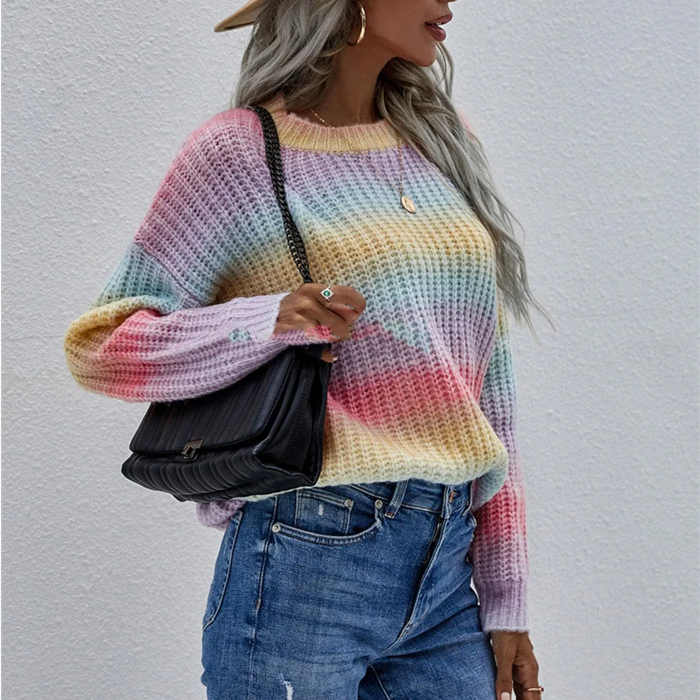 Women's Crew Neck Colorful Knitwear Long Sleeve Loose Tops Sweaters