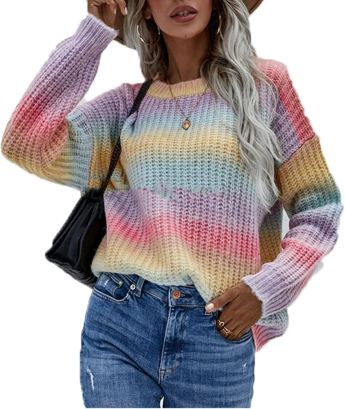 Women's Crew Neck Colorful Knitwear Long Sleeve Loose Tops Sweaters