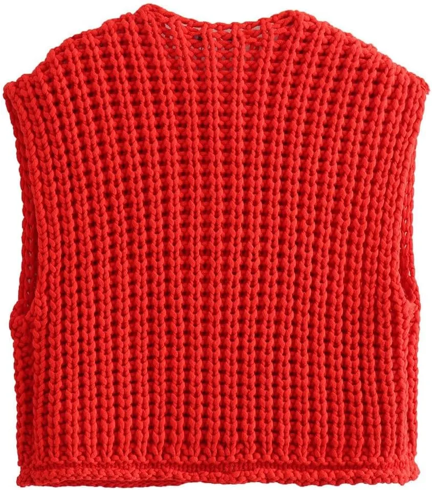 Womens Cropped Cardigan Sweater Vest Sleeveless Button Down Open Front Chunky Knit Crochet Vest Sweater Tops