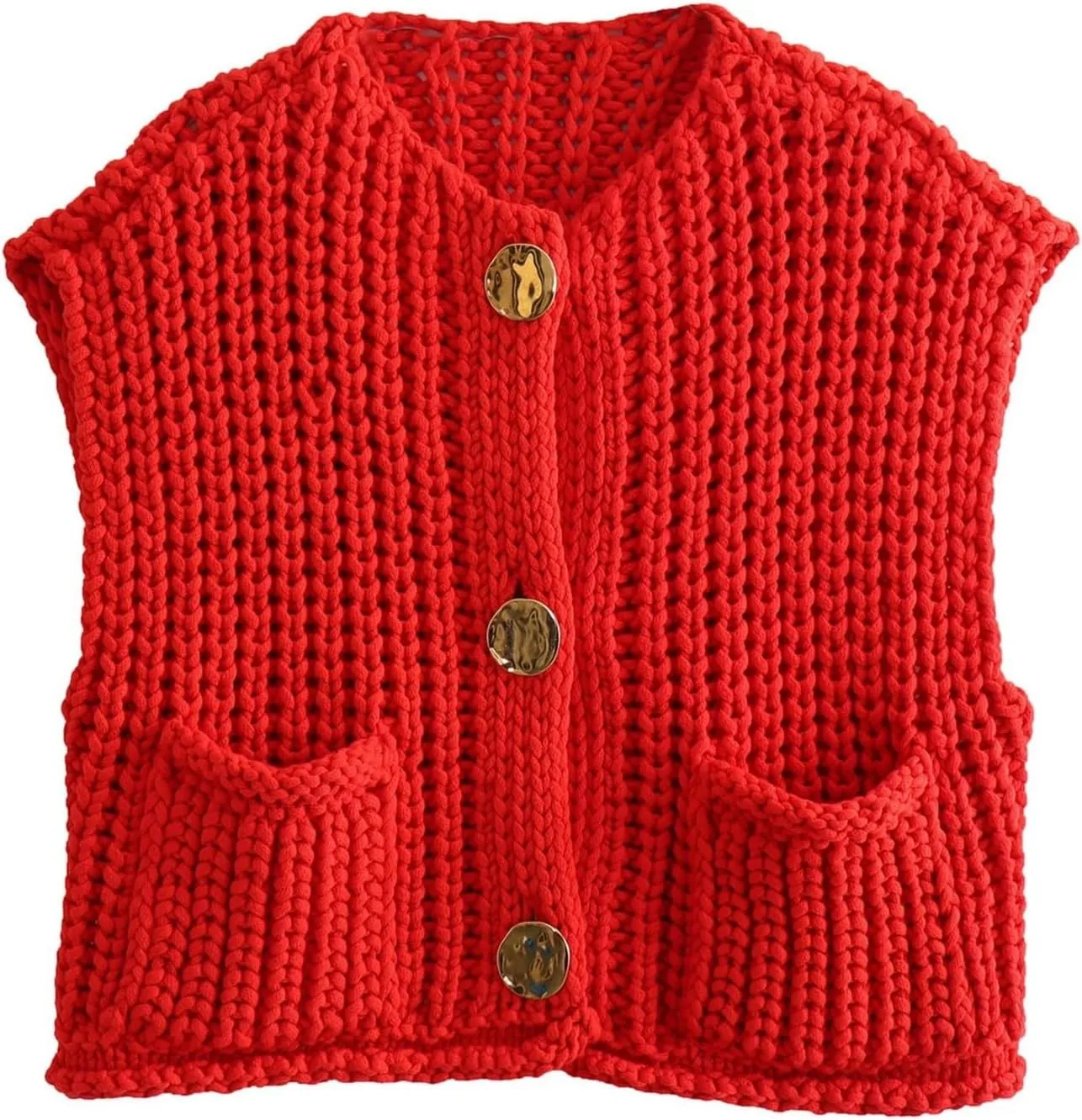 Womens Cropped Cardigan Sweater Vest Sleeveless Button Down Open Front Chunky Knit Crochet Vest Sweater Tops