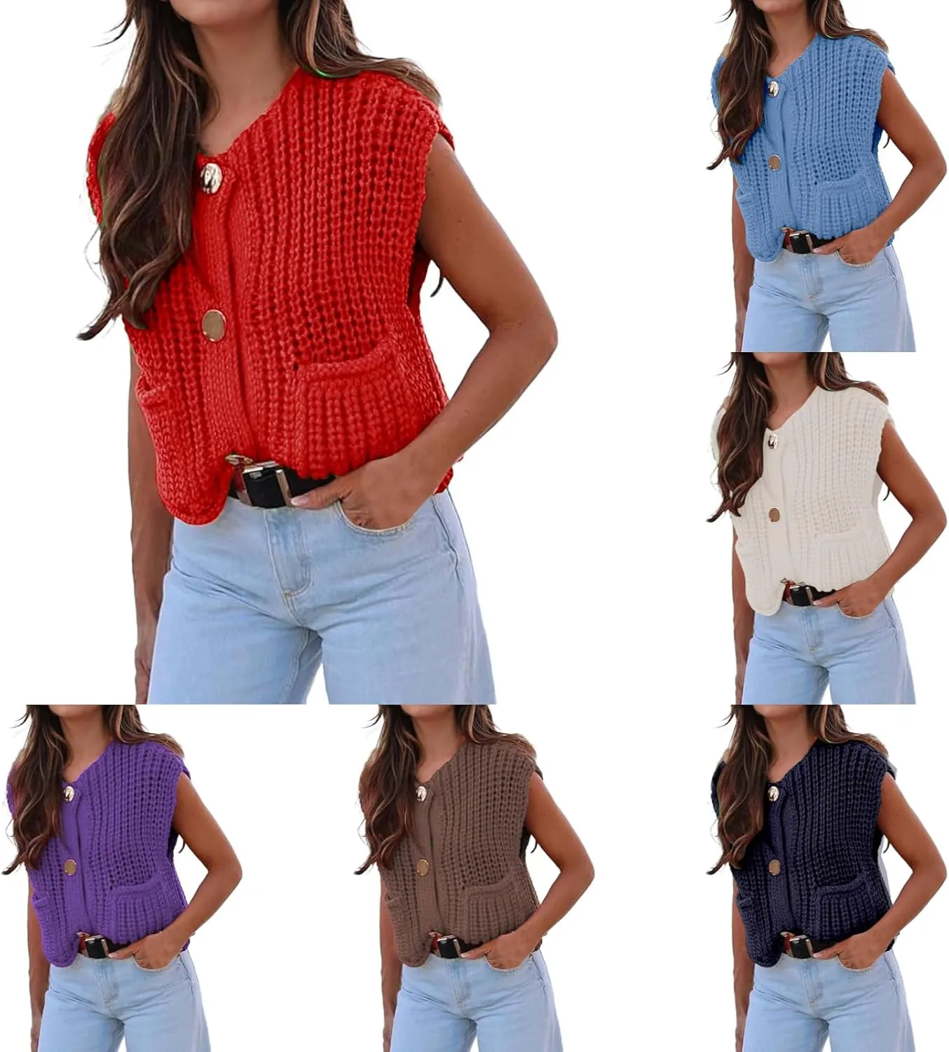 Womens Cropped Cardigan Sweater Vest Sleeveless Button Down Open Front Chunky Knit Crochet Vest Sweater Tops