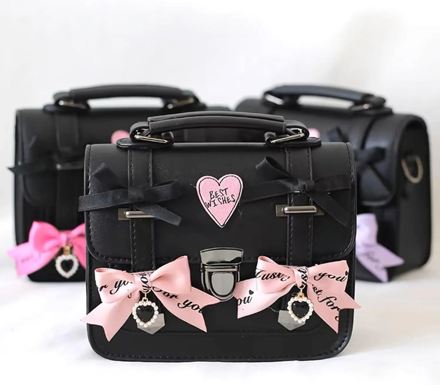 Womens Crossbody Bag Japanese Style Lolita PU Leather Satchel Shoulder Bag Purse Bow Jk Bag Casual Small Handbags