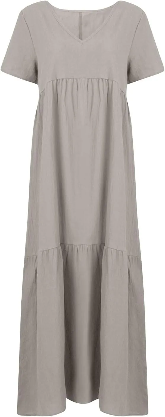 Women's Cruise Outfits 2025 Casual Trendy Loose Short Sleeve V-Neck Solid Color Flowy Maxi Dress Plus Size, S-5XL