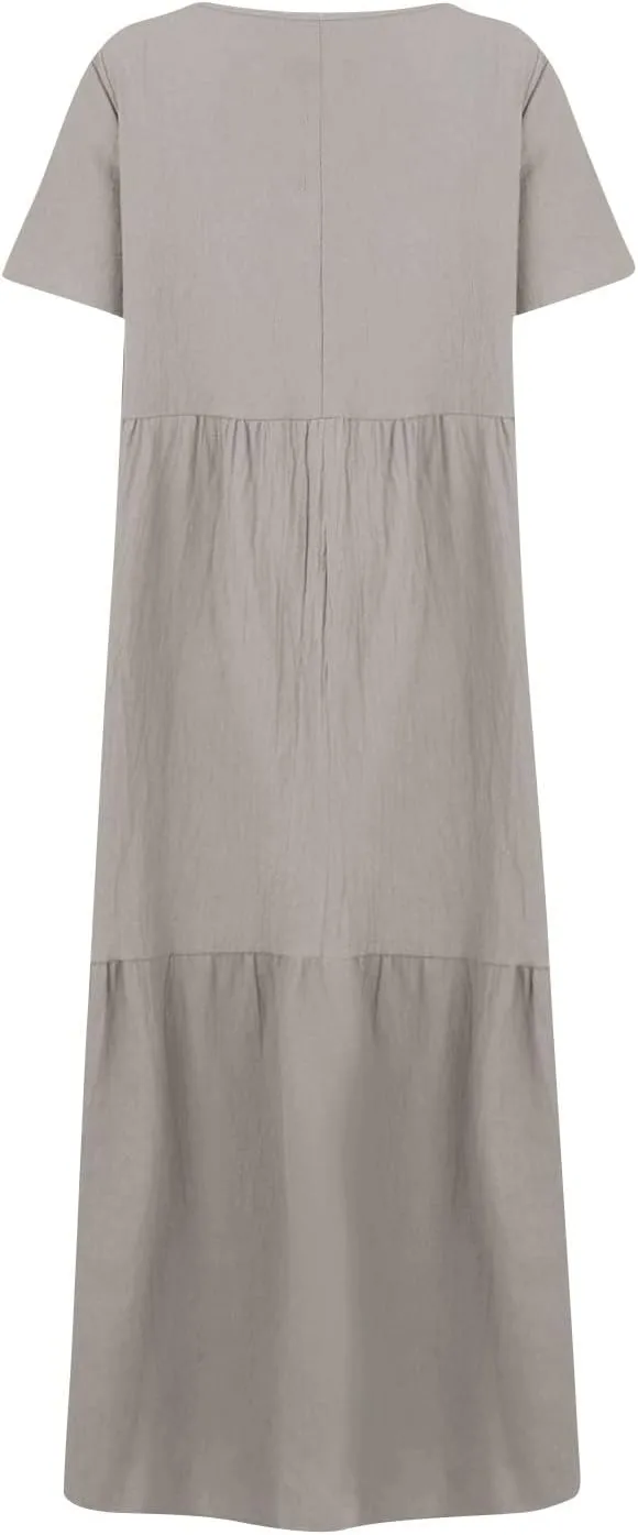 Women's Cruise Outfits 2025 Casual Trendy Loose Short Sleeve V-Neck Solid Color Flowy Maxi Dress Plus Size, S-5XL