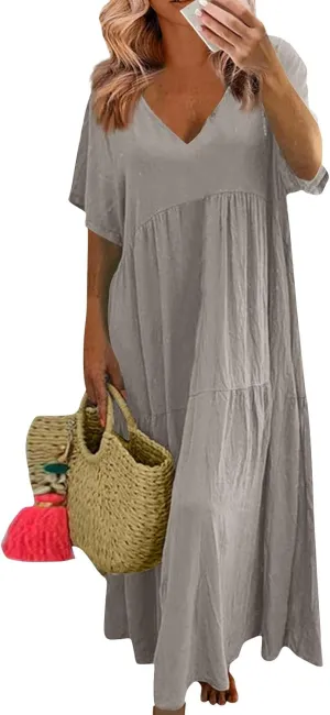 Women's Cruise Outfits 2025 Casual Trendy Loose Short Sleeve V-Neck Solid Color Flowy Maxi Dress Plus Size, S-5XL