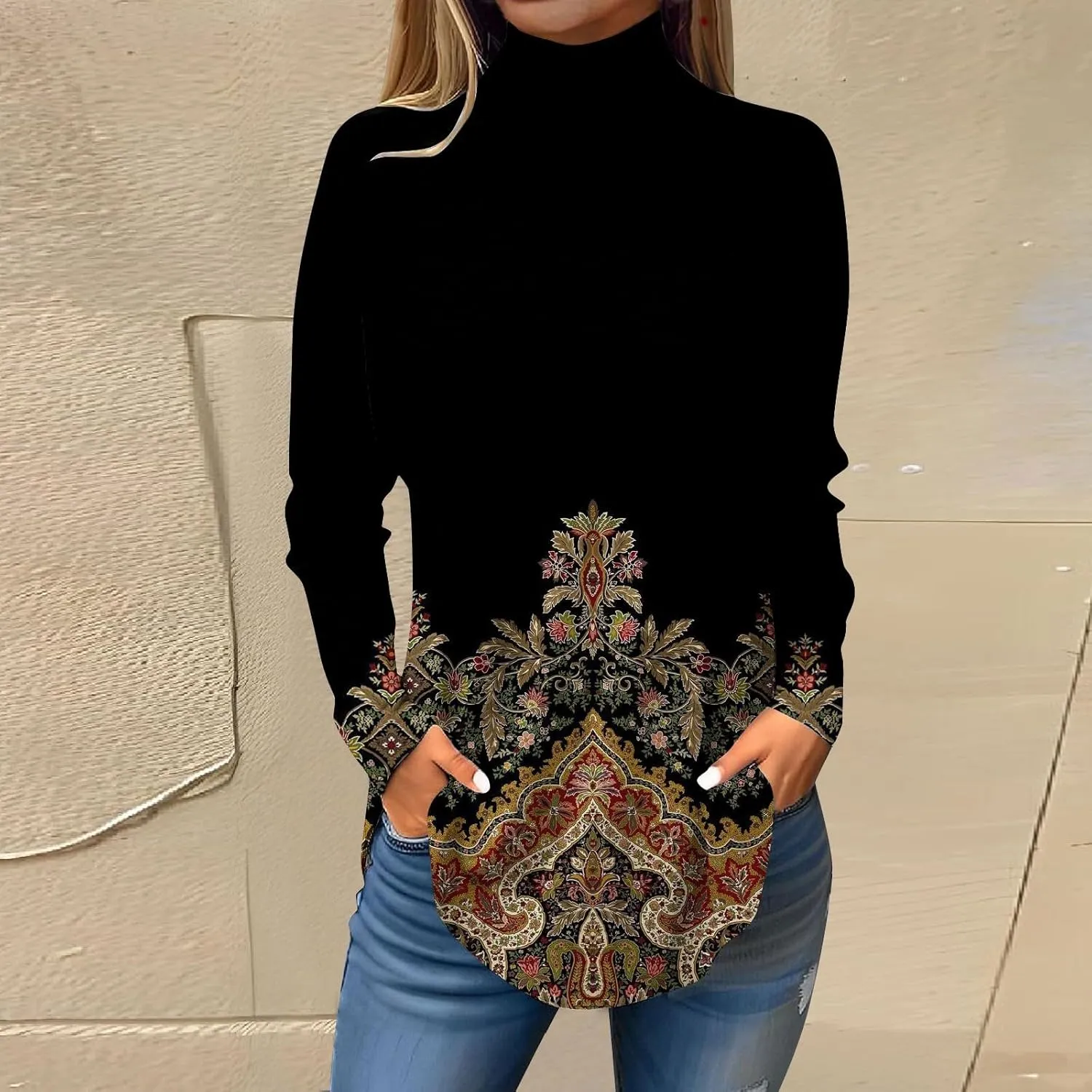 Womens Fall Tops Printing Long Sleeve Sweatshirts Turtleneck Vintage Pullover Tunic Y2k Shirt Fashion Casual Blouses
