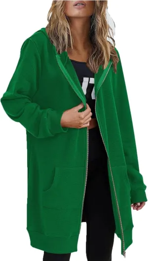 Womens Fall Winter Hoodies Mid Length Zip Up Hooded Long Sleeve Solid Warm Coats Fleece Thick Jackets with Pockets