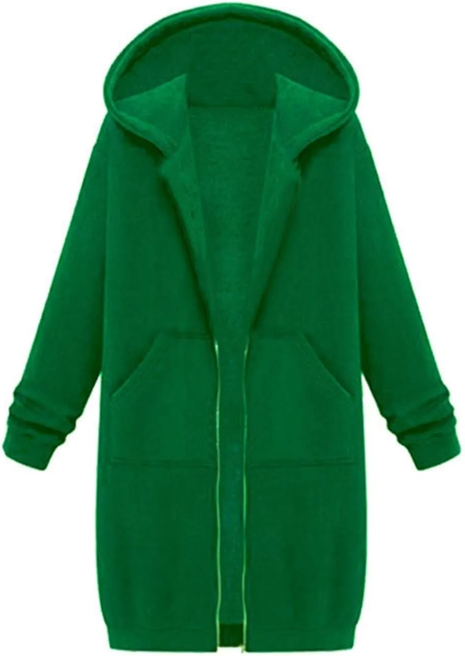 Womens Fall Winter Hoodies Mid Length Zip Up Hooded Long Sleeve Solid Warm Coats Fleece Thick Jackets with Pockets