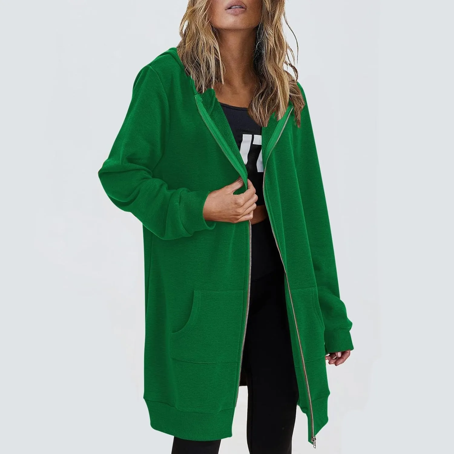 Womens Fall Winter Hoodies Mid Length Zip Up Hooded Long Sleeve Solid Warm Coats Fleece Thick Jackets with Pockets