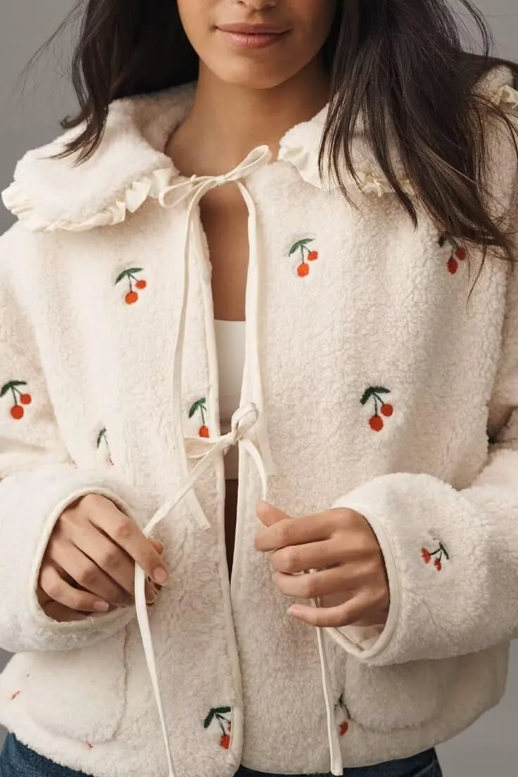 Women's Fleece Zip Up Hoodie Cherry Embroidered Oversized Sherpa Jacket Coat
