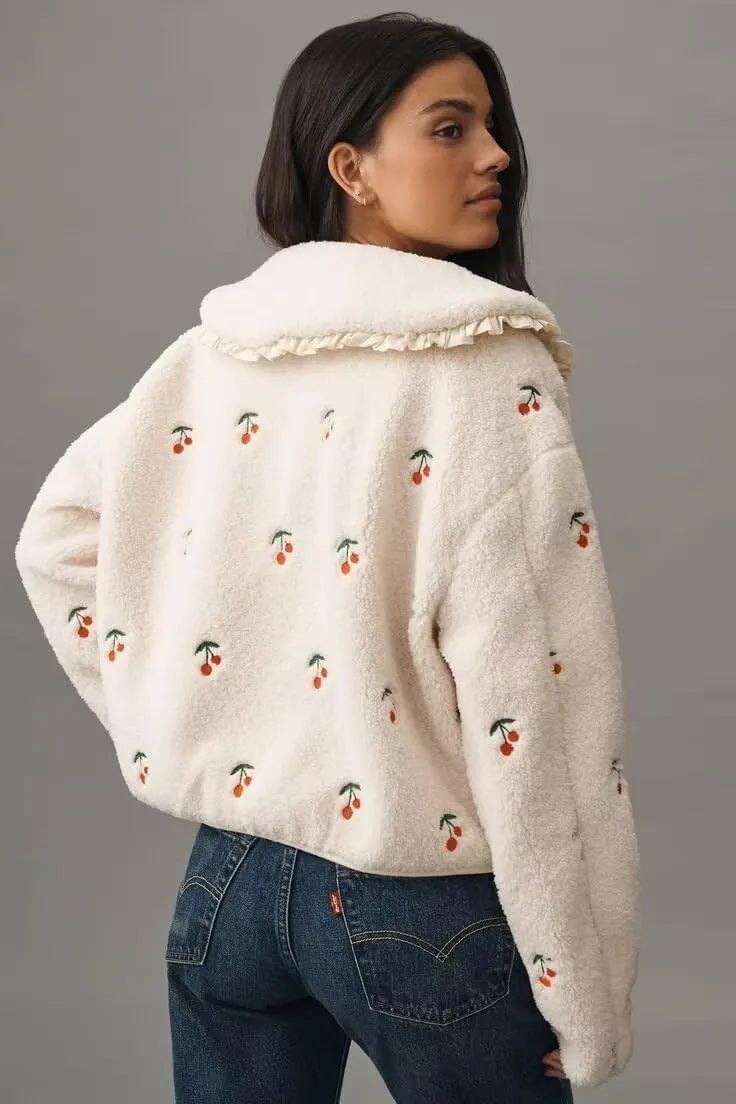 Women's Fleece Zip Up Hoodie Cherry Embroidered Oversized Sherpa Jacket Coat
