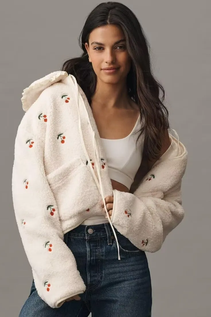 Women's Fleece Zip Up Hoodie Cherry Embroidered Oversized Sherpa Jacket Coat