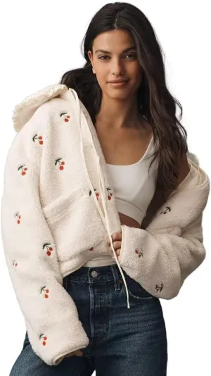Women's Fleece Zip Up Hoodie Cherry Embroidered Oversized Sherpa Jacket Coat