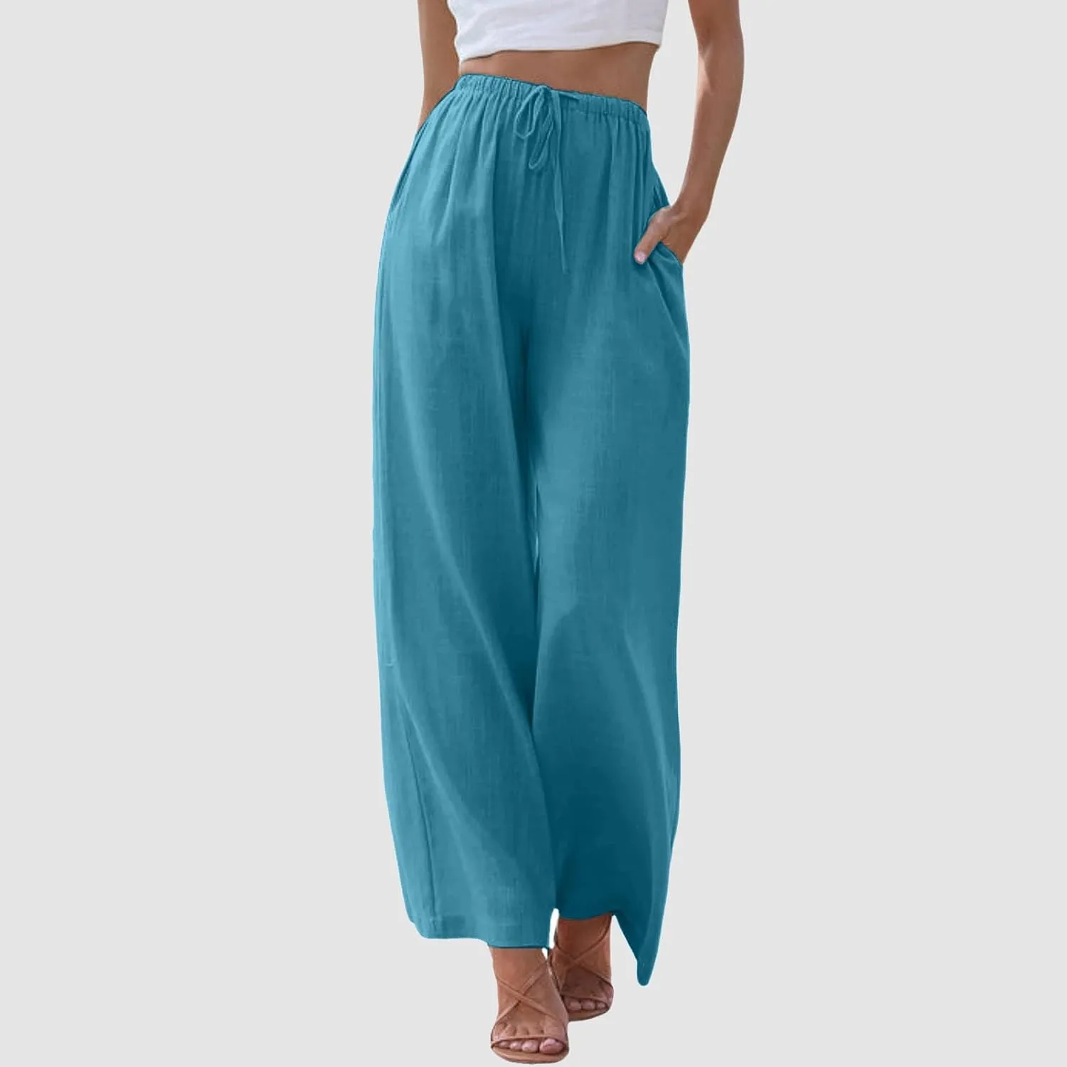 Womens Flowy Cotton Linen Pants Summer Casual Wide Leg Beach Trousers with Pockets Trendy Lightweight Palazzo Pants