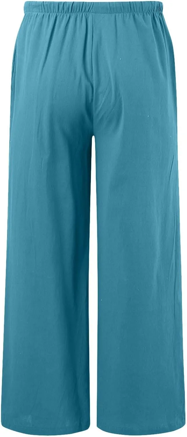 Womens Flowy Cotton Linen Pants Summer Casual Wide Leg Beach Trousers with Pockets Trendy Lightweight Palazzo Pants