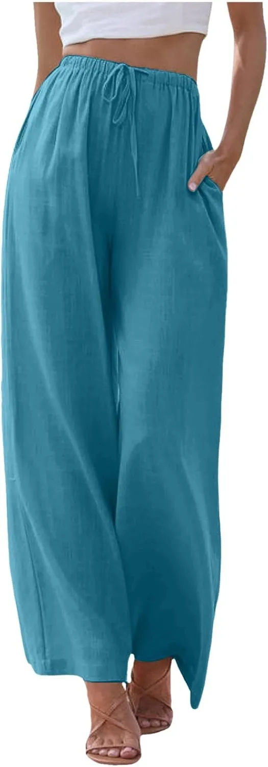 Womens Flowy Cotton Linen Pants Summer Casual Wide Leg Beach Trousers with Pockets Trendy Lightweight Palazzo Pants