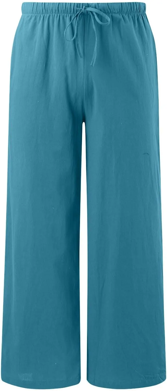 Womens Flowy Cotton Linen Pants Summer Casual Wide Leg Beach Trousers with Pockets Trendy Lightweight Palazzo Pants