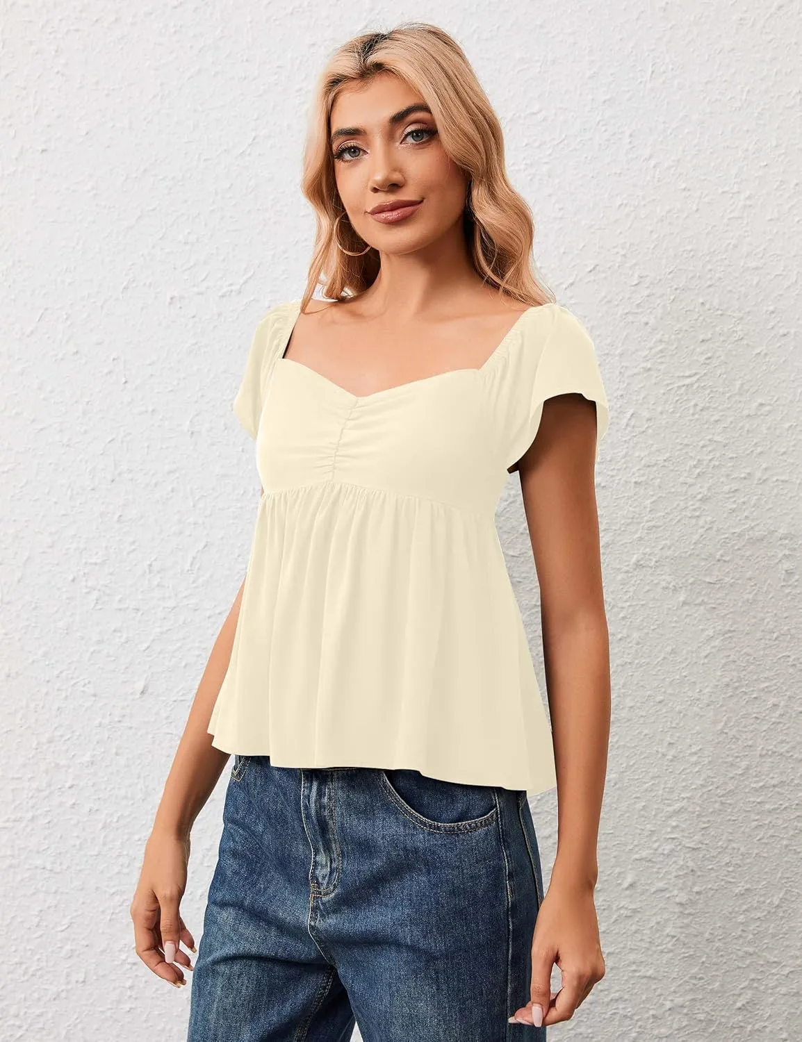 Womens Flowy Peplum Tank Tops Ruffle Sleeve Babydoll Tank Top Sweetheart Neck Smocked Back Short Sleeve Going Out Top