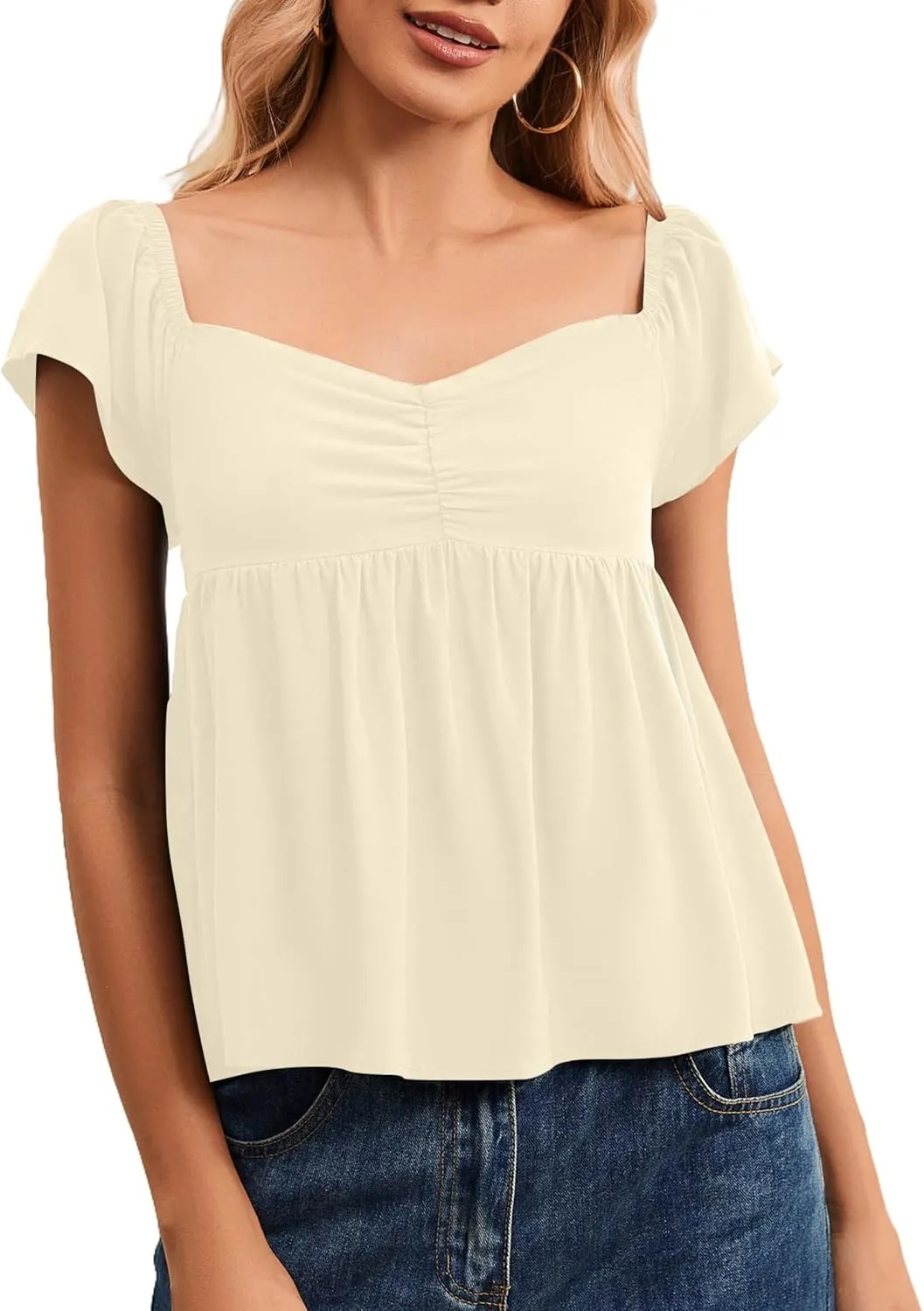 Womens Flowy Peplum Tank Tops Ruffle Sleeve Babydoll Tank Top Sweetheart Neck Smocked Back Short Sleeve Going Out Top