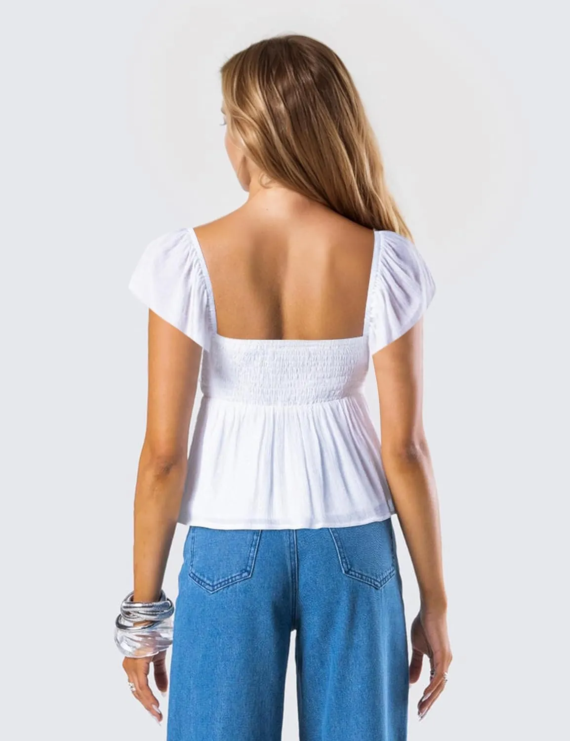 Womens Flowy Peplum Tank Tops Ruffle Sleeve Babydoll Tank Top Sweetheart Neck Smocked Back Short Sleeve Going Out Top