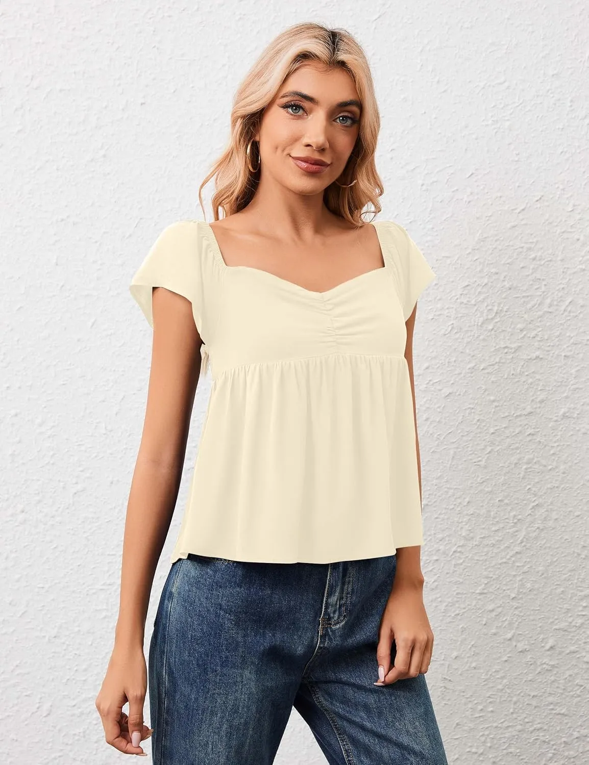 Womens Flowy Peplum Tank Tops Ruffle Sleeve Babydoll Tank Top Sweetheart Neck Smocked Back Short Sleeve Going Out Top