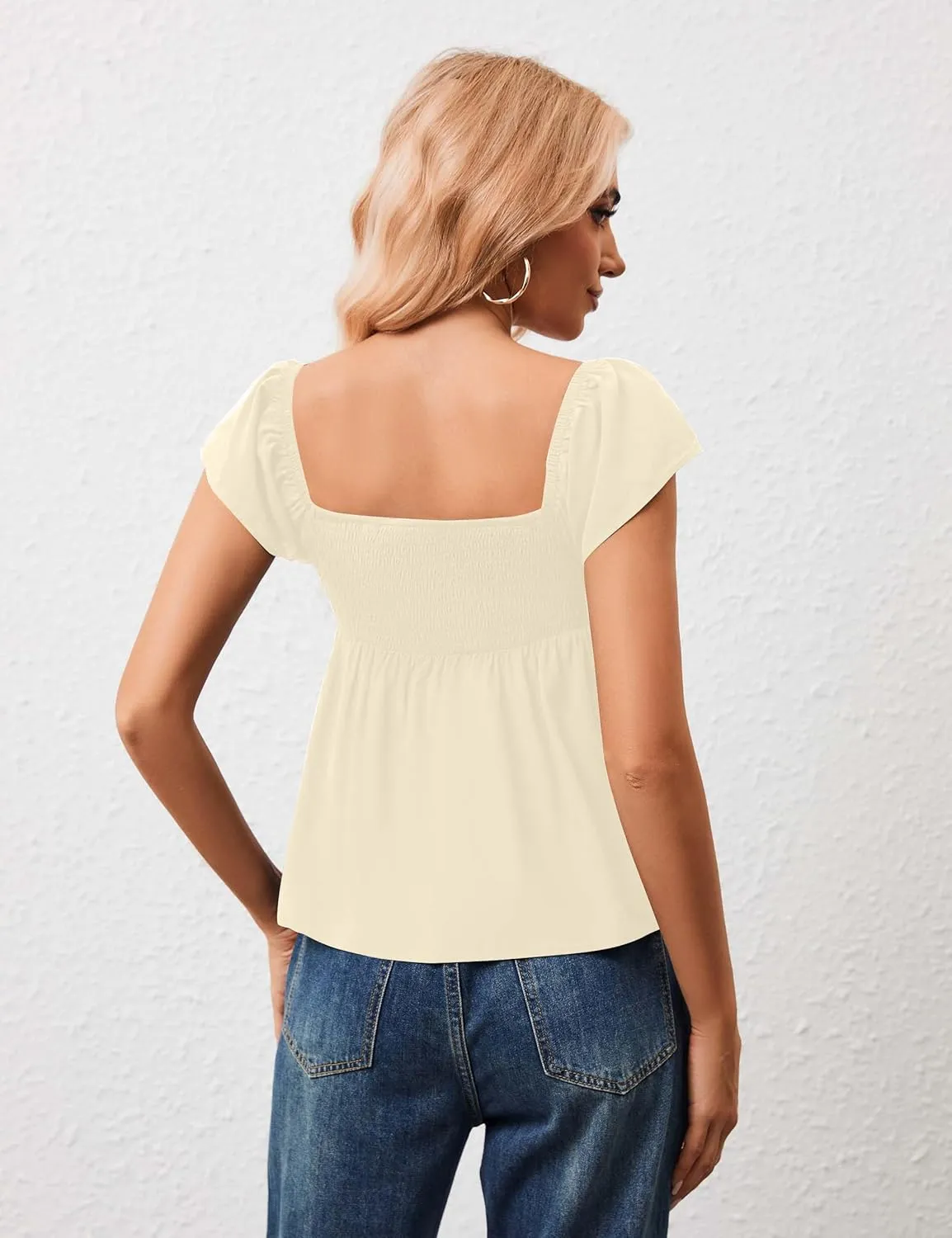 Womens Flowy Peplum Tank Tops Ruffle Sleeve Babydoll Tank Top Sweetheart Neck Smocked Back Short Sleeve Going Out Top