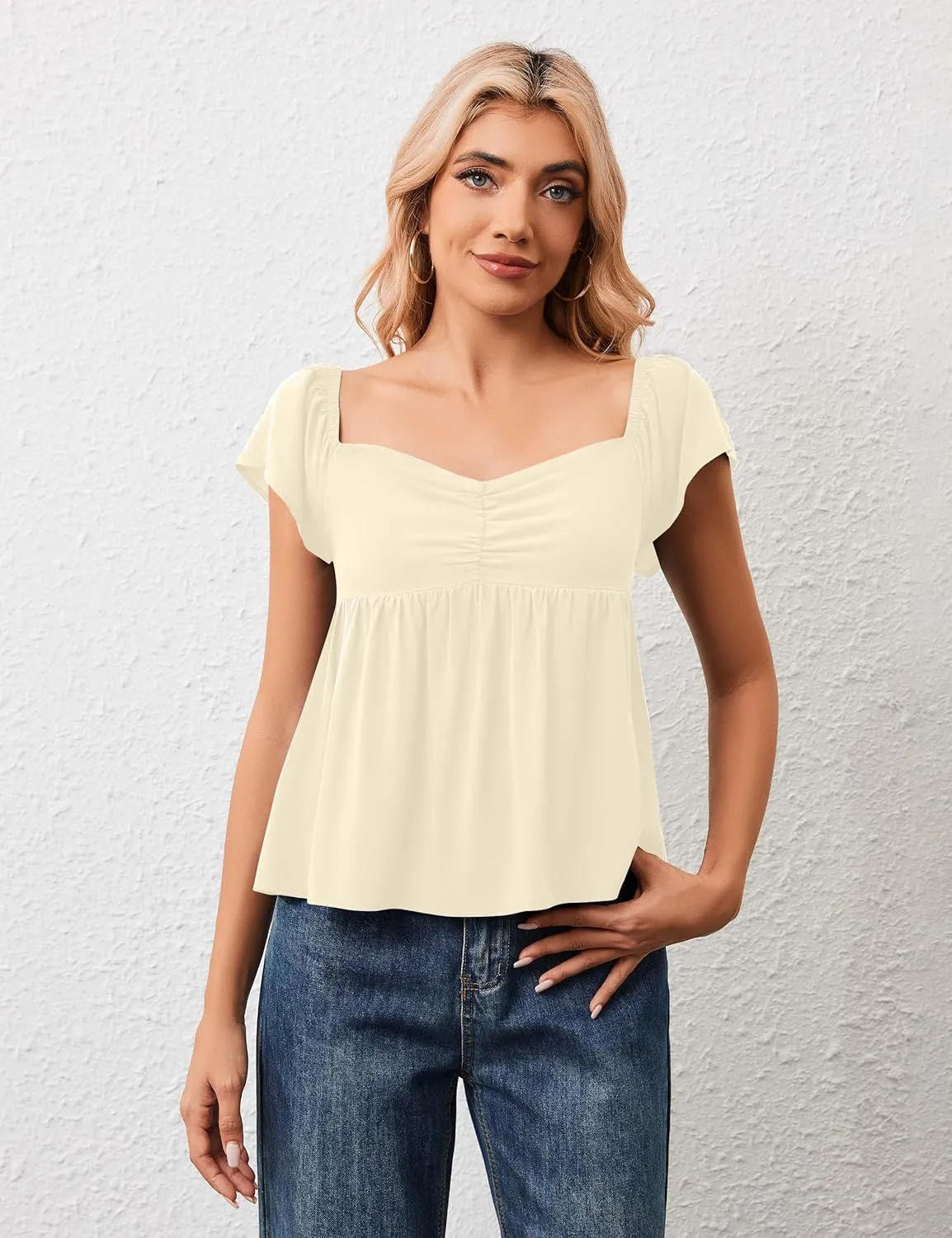 Womens Flowy Peplum Tank Tops Ruffle Sleeve Babydoll Tank Top Sweetheart Neck Smocked Back Short Sleeve Going Out Top