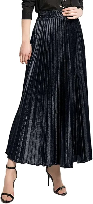 Womens High Elastic Waist Skirt Pleated A Line Swings Midi Velvet Skirts Women's Velvet Pleated Midi Skirt