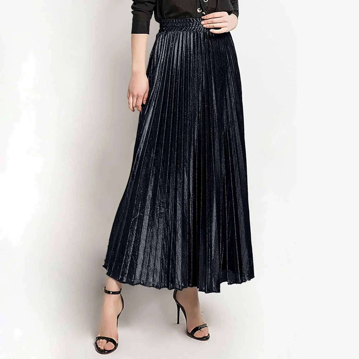 Womens High Elastic Waist Skirt Pleated A Line Swings Midi Velvet Skirts Women's Velvet Pleated Midi Skirt