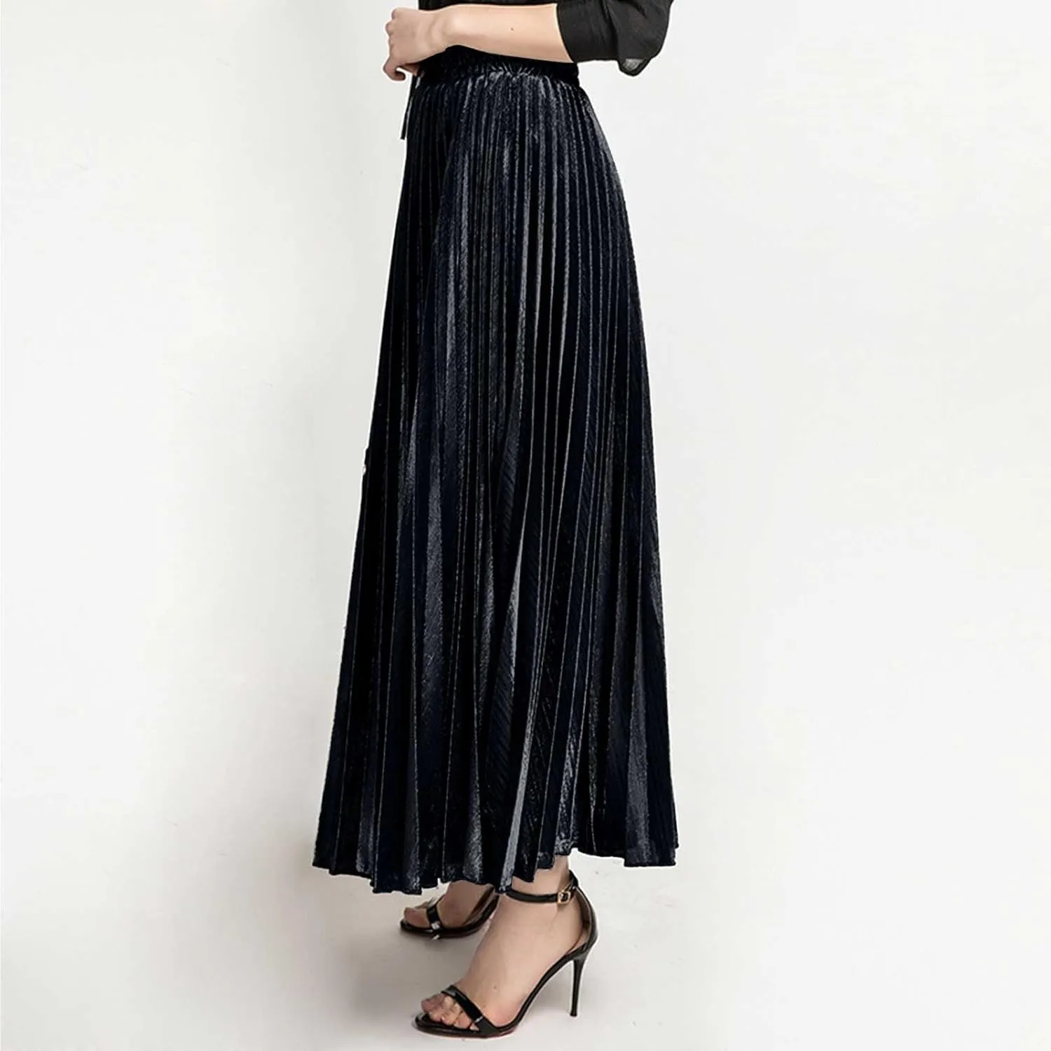 Womens High Elastic Waist Skirt Pleated A Line Swings Midi Velvet Skirts Women's Velvet Pleated Midi Skirt