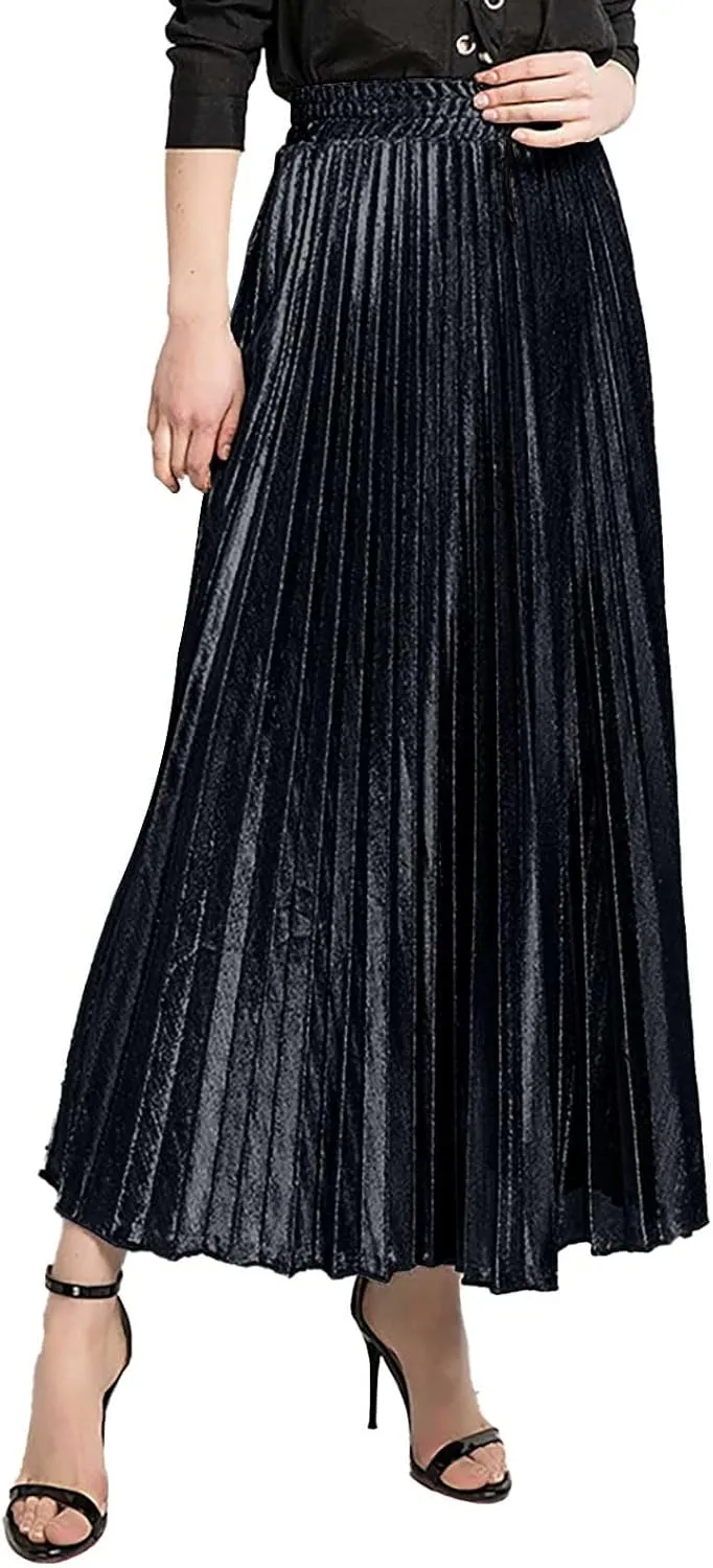 Womens High Elastic Waist Skirt Pleated A Line Swings Midi Velvet Skirts Women's Velvet Pleated Midi Skirt