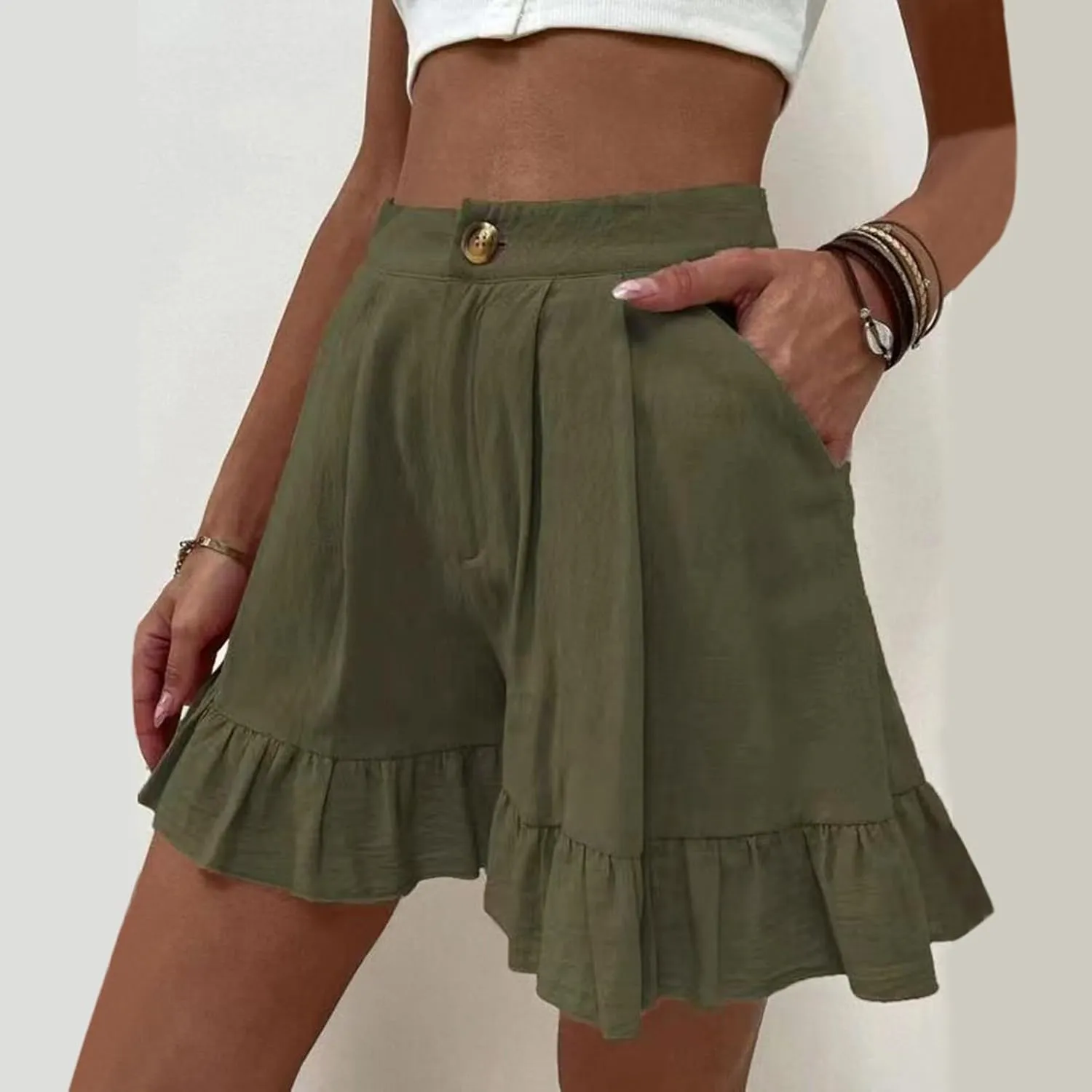 Women's High Waist Ruffle Trim Skort Y2k Bubble High Waist Wide Leg Shorts Summer A Line Beach Casual Mini Shorts