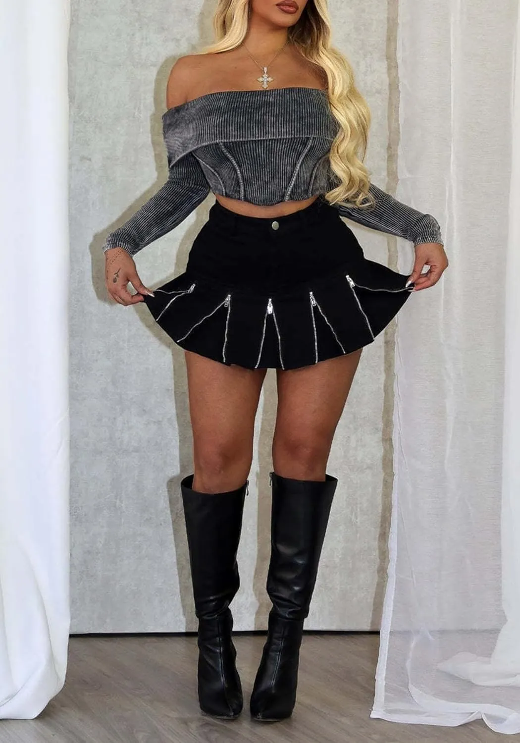 Women's High Waisted Mini Skirt A Line Pleated Jean Skirt Multiple Zipper Cargo Short Denim Skirts Y2K