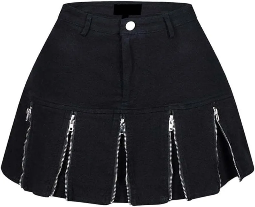 Women's High Waisted Mini Skirt A Line Pleated Jean Skirt Multiple Zipper Cargo Short Denim Skirts Y2K
