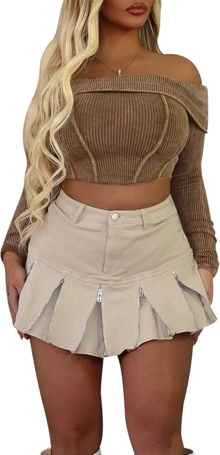 Women's High Waisted Mini Skirt A Line Pleated Jean Skirt Multiple Zipper Cargo Short Denim Skirts Y2K