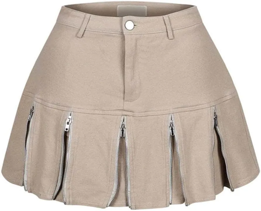 Women's High Waisted Mini Skirt A Line Pleated Jean Skirt Multiple Zipper Cargo Short Denim Skirts Y2K