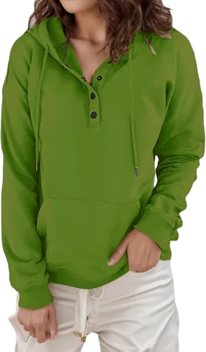 Women's Hoodies Button Down Oversize Hooded Sweatshirts Casual Long Sleeve Drawstring Pullover Tops with Pocket