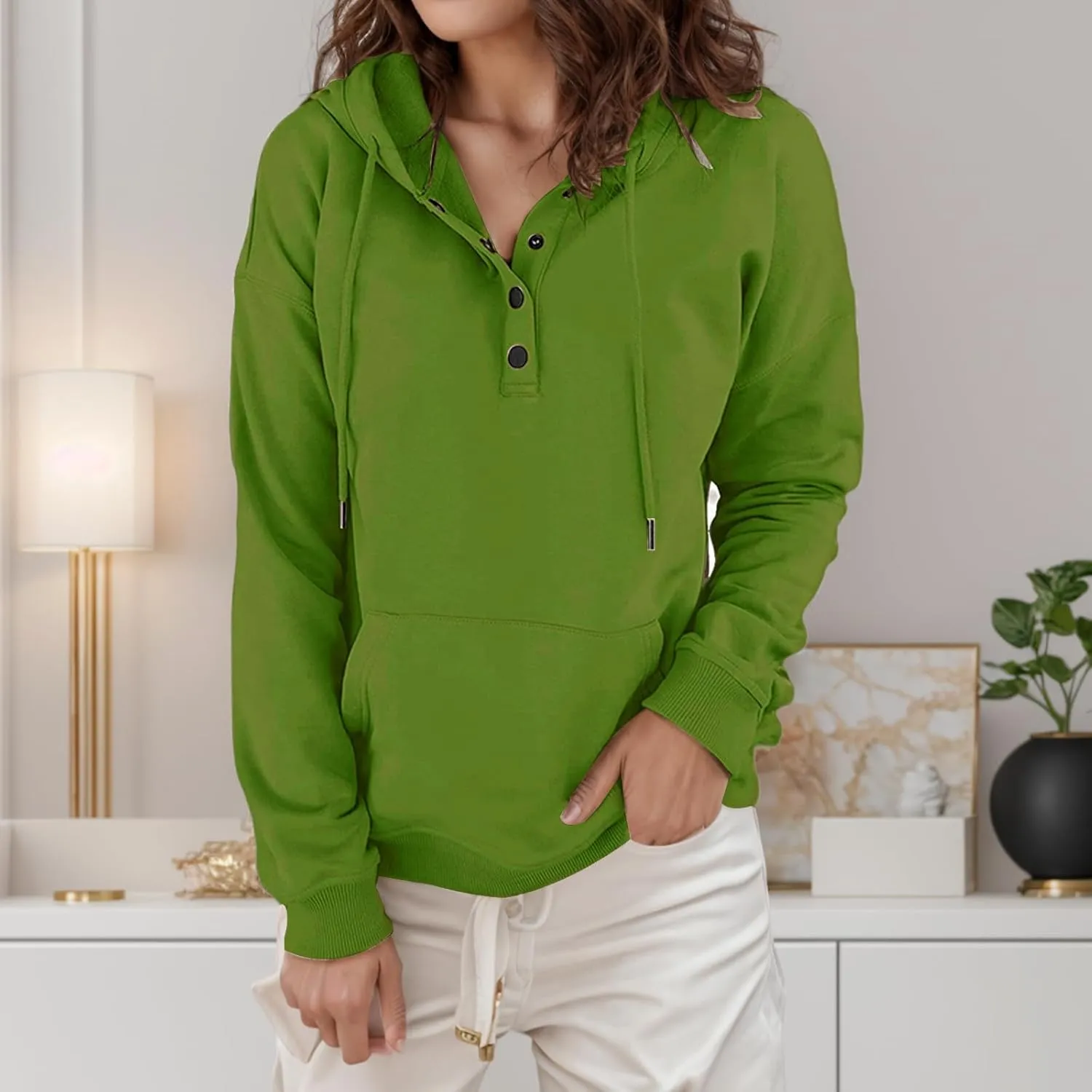 Women's Hoodies Button Down Oversize Hooded Sweatshirts Casual Long Sleeve Drawstring Pullover Tops with Pocket