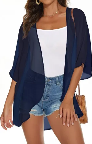 Womens Kimono Cardigans Beach Cover ups Swimwear Puff Sleeve Loose Casual Summer Tops