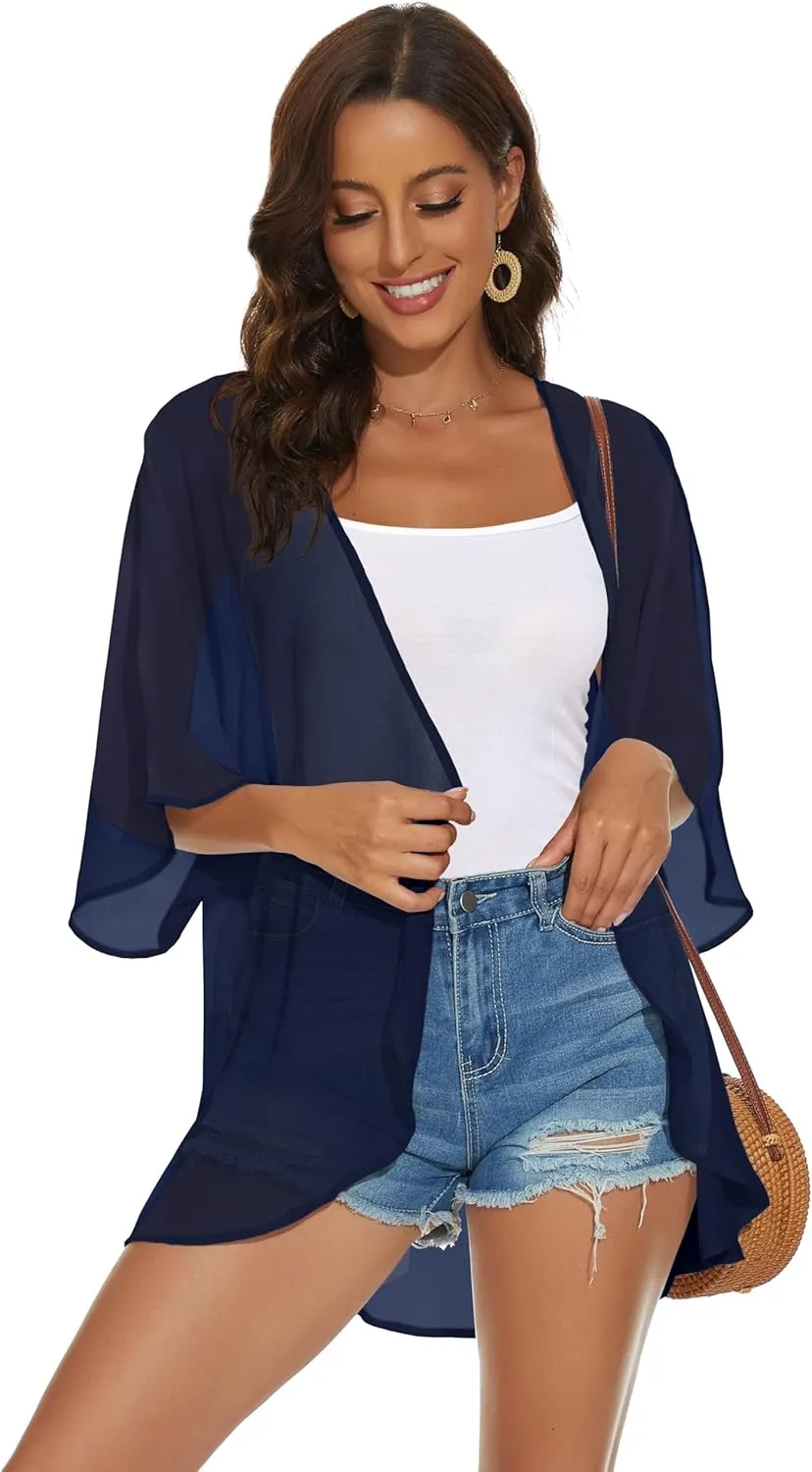 Womens Kimono Cardigans Beach Cover ups Swimwear Puff Sleeve Loose Casual Summer Tops