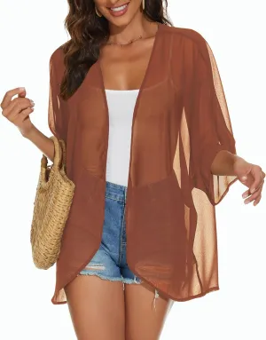 Womens Kimono Cardigans Beach Cover ups Swimwear Puff Sleeve Loose Casual Summer Tops