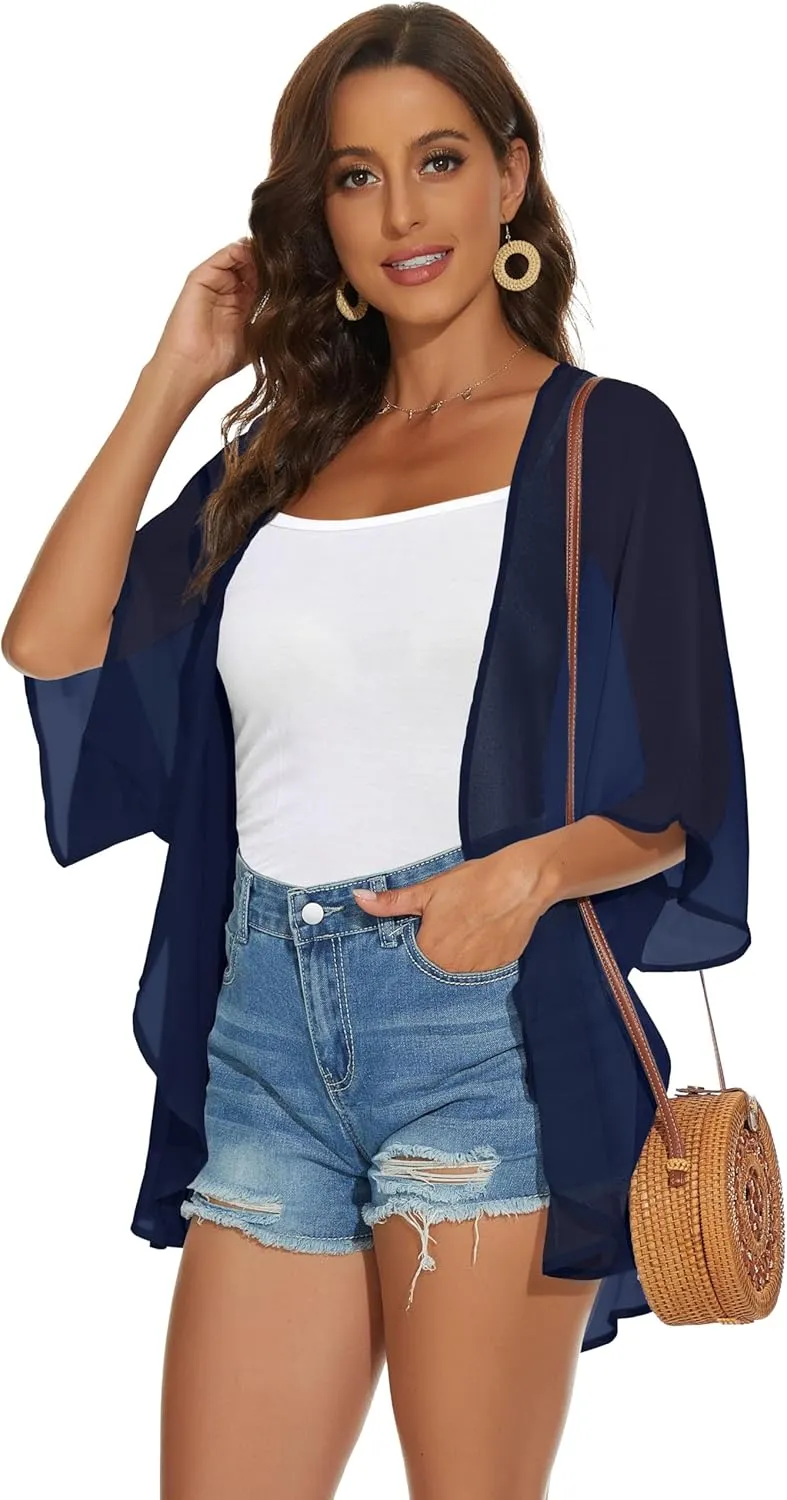 Womens Kimono Cardigans Beach Cover ups Swimwear Puff Sleeve Loose Casual Summer Tops