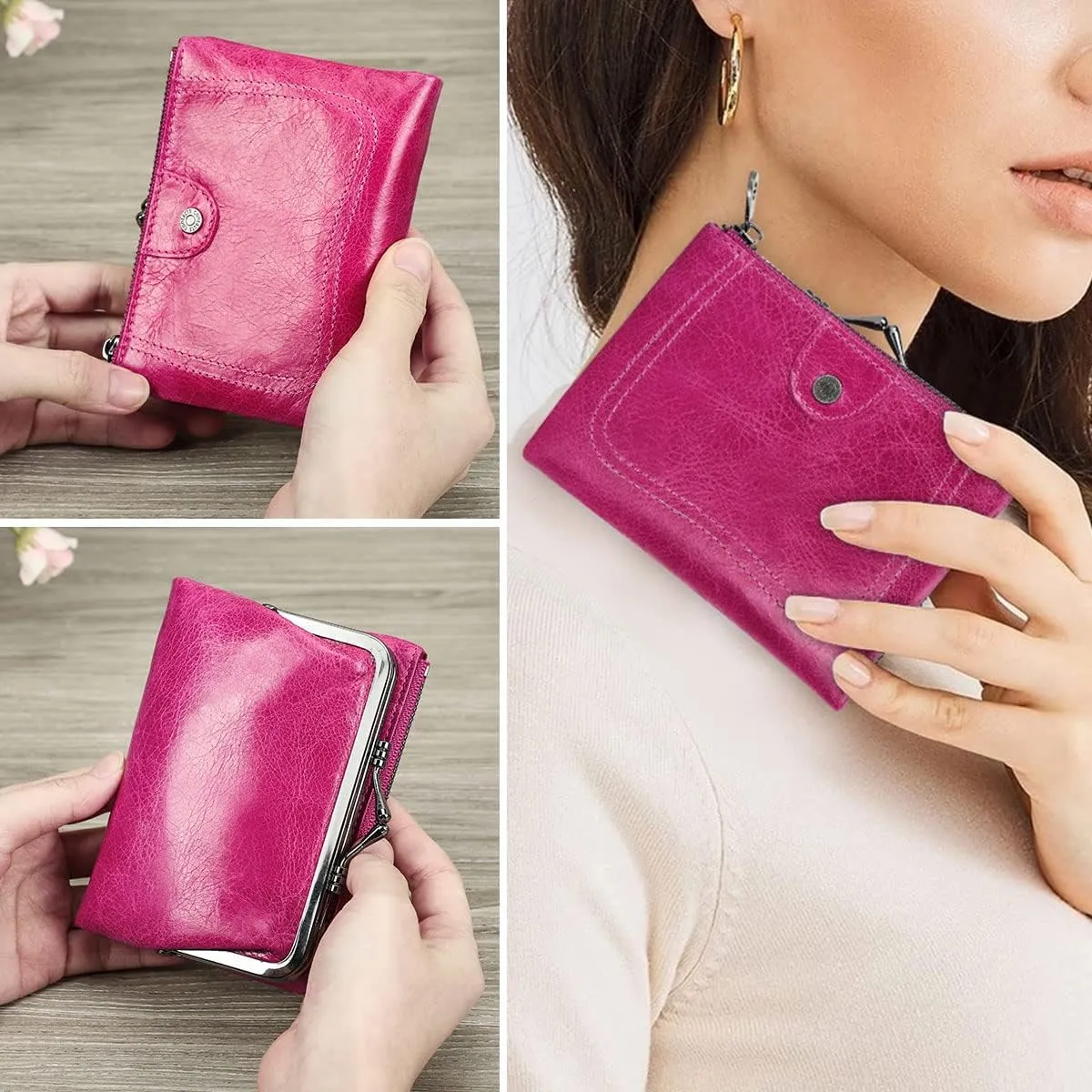Womens Kiss Lock Wallet Leather Small Zipper Coin Purse for Women Bifold Rfid Clasp Wallet Card Holder with Photo Window