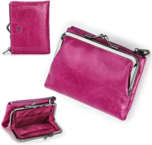 Womens Kiss Lock Wallet Leather Small Zipper Coin Purse for Women Bifold Rfid Clasp Wallet Card Holder with Photo Window