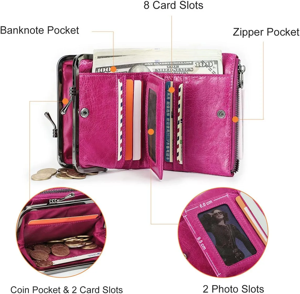 Womens Kiss Lock Wallet Leather Small Zipper Coin Purse for Women Bifold Rfid Clasp Wallet Card Holder with Photo Window