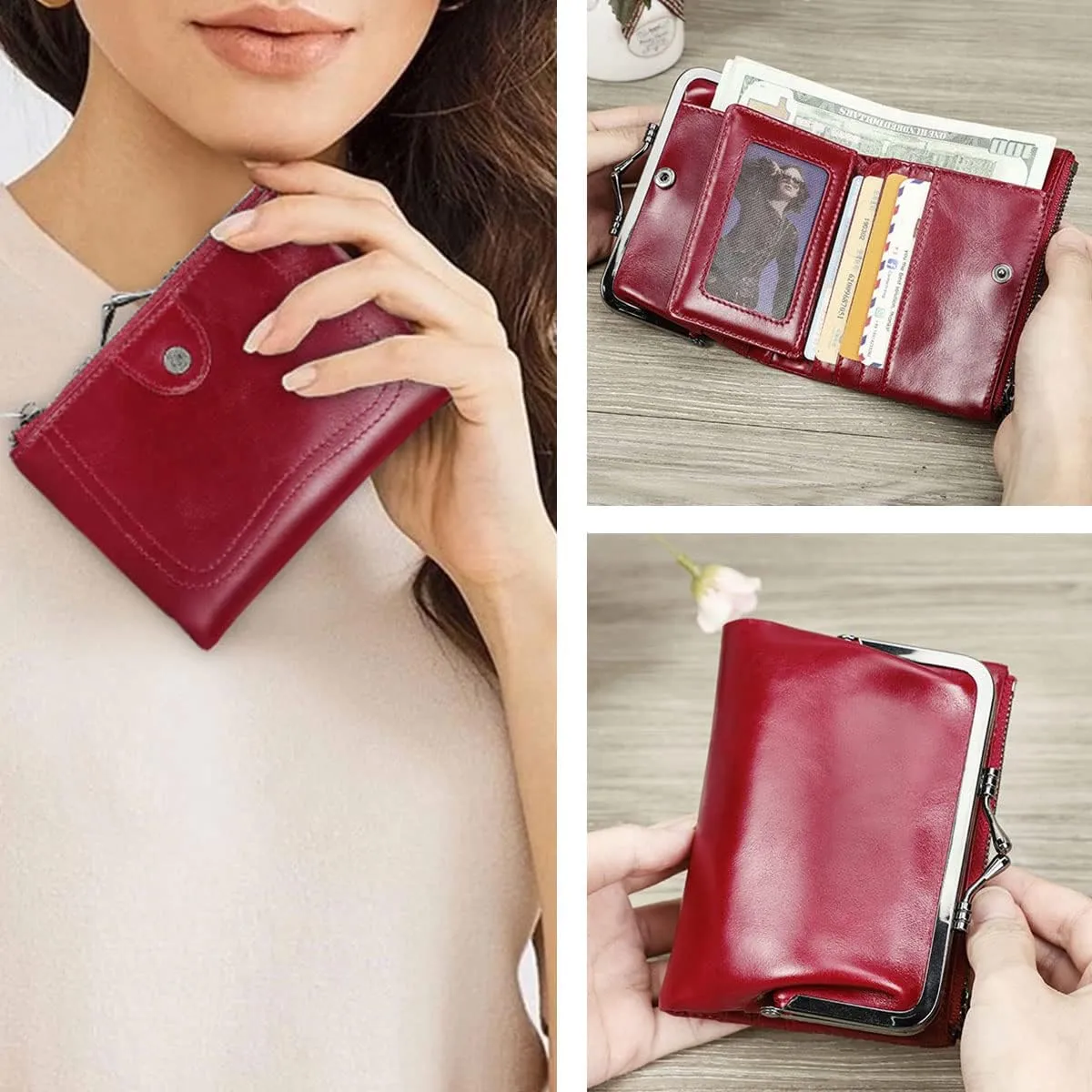 Womens Kiss Lock Wallet Leather Small Zipper Coin Purse Red Bifold Rfid Clasp Wallet Card Holder with Photo Window