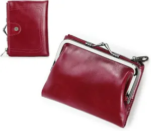 Womens Kiss Lock Wallet Leather Small Zipper Coin Purse Red Bifold Rfid Clasp Wallet Card Holder with Photo Window